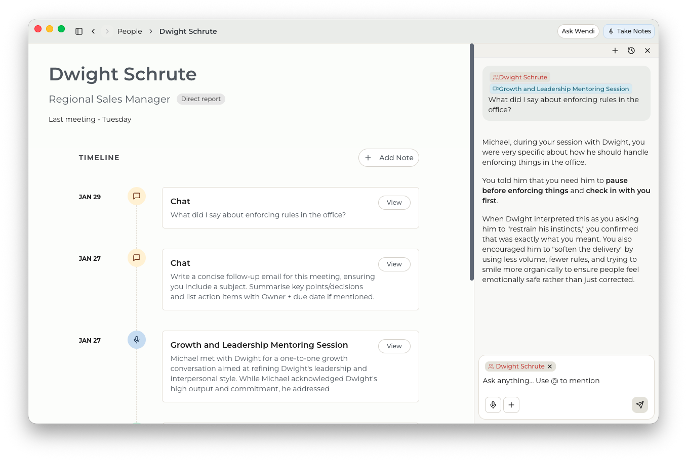 Wendi AI interface showing manager guidance and people operations dashboard